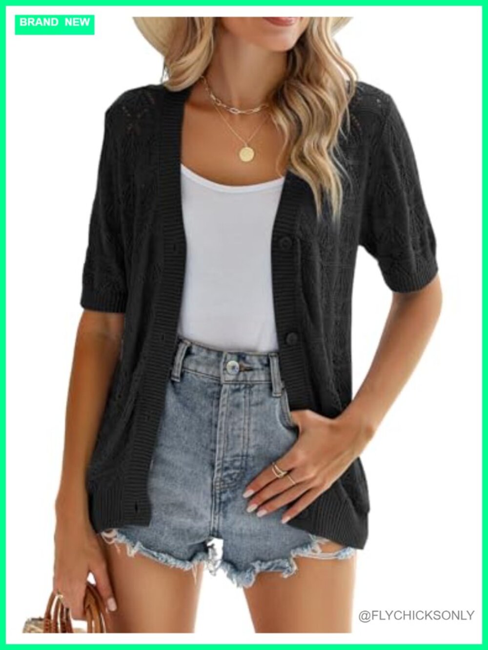 Crochet Knit Short Sleeve Cropped Cardigan V-Neck Button Down